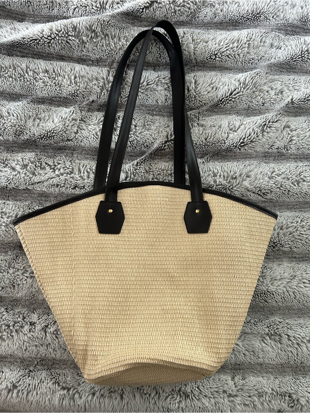 Pendleton Beige Straw Woven Tote with Black Trim and Straps